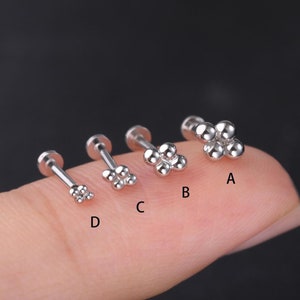 Brincos de pino de ouro branco maciço 14K com quatro contas, brincos de pino minimalistas de ouro branco, brinco de concha, hélice, tragus, brinco de quatro pontos com parte traseira plana