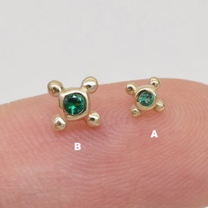 14k Solid Gold Bead & Round Bezel CZ Stud Earring Dainty Threadless Stud Earring Helix Stud Conch Tragus Earring Push Back Earring 20g