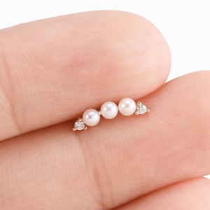 14k Solid Gold Pearl Climber Stud Earring Exquisite Pearl Earring Helix Stud Moissanite Conch Earring Tragus Earrings Flat Back Earring