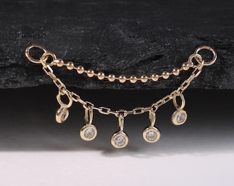 14K Solid Gold Double Chain Attachment Dangle Hoop Charm Chain Cartilage Helix Conch Chain Accessory Dainty Nose Hoop Clicker Chain