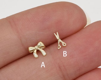 14K Solid Gold Dainty Ribbon Bow Stud Earrings Tiny Scissors Cartilage Stud Conch Helix Tragus Earring Flat Back Earring 20g