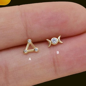 14k Solid Gold Candy Stud Earrings Gold Triangle Stud Helix Tragus Earring Conch Stud Gold Piercing Jewelry Flat Back Earring 20g
