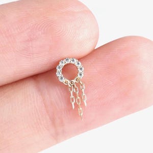 14k Solid Gold Circle Chain Dangle Stud Cartilage Earring Helix Stud Tragus Piercing Conch Earring Flat Back Threadless Piercing Jewelry