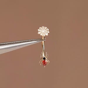 Op de afbeelding: Een goudkleurige navelring met een spinnendesign en een rode edelsteen, plus een spinnenweb. De ring wordt door een pincet tegen een bruine achtergrond gehouden. De spin heeft een rode edelsteen voor zijn buik.