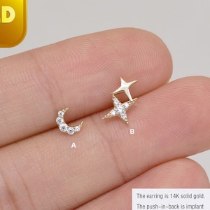 14k Solid Gold Star Cartilage Piercing Tragus Conch Stud Kolczyk Delikatny Moon Stud Kolczyk Star Helix Piercing Złoty Płaski Tył Kolczyk 20g