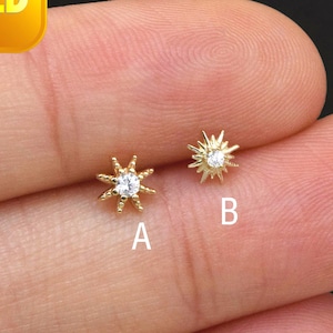 14Kソリッドゴールドサンバーストスタッドイヤリング、繊細なスター軟骨スタッド、小さなコンクスタッド、ヘリックススタッド、トラガススタッドイヤリング、CZフラットバックイヤリング
