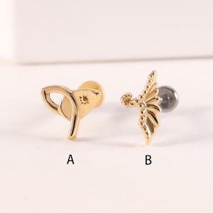 14k Solid Gold Tiny Grass Stud Earring Wing Cartilage Earring Leaf Helix Stud Conch Piercing Tragus Earring Flat Back Earring Gift For Her