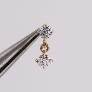 14k Solid Gold Dangle Stud Shiny Drop Round CZ Cartilage Earring Tragus Helix Conch Earlobe Stud Piercing Threadless End Flat Back Earring