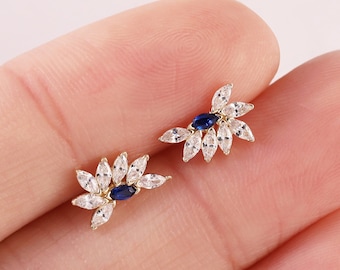 Pendiente de oro macizo de 14k con zafiro talla marquesa, pendiente floral para hélix, piercing de concha, pendiente para tragus, cierre a presión sin rosca, pendiente de parte trasera plana