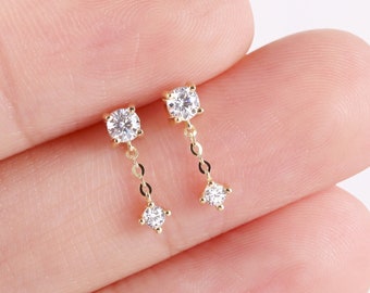 14k Solid Gold Dangle Chain Stud Earring Threadless Cartilage Stud Earring Tragus Helix Conch Moving Stud Earring Flat Back Earrings 20g