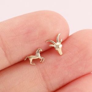14K Solid Gold Horse Stud Earrings Gold Helix Stud 14K Conch Stud Tragus Earring Cute Cartilage Earring Sheepshead Flat Back Earring