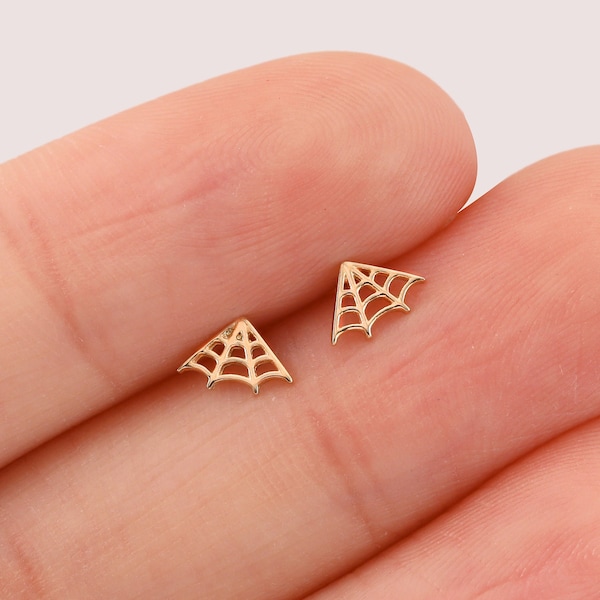 14K Solid Gold Tiny Spider Web Threadless Stud, Flat Back Earring, Spider Web Nose Stud, Gold Helix Stud, Conch Earring, Tragus Piercing