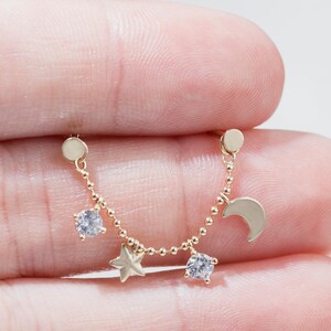14K Solid Gold Dangle Moon&Star Chain Attachment Chain Piercing Cartilage Charm Helix Linking Charm Gold Conch Chain Connector