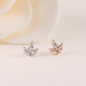 14k Solid White Gold Labret Stud, Cartilage Piercing, Marquise Leaf Stud, Helix Stud, Yellow Gold Conch Earring,  Tragus Flat Back Earring