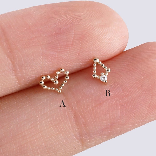 14k Solid Gold Tiny Rhombus Earrings Dainty Heart-shaped Flat Back Earring Cartilage Conch Helix Earring Tragus Stud Threadless Labret 20g