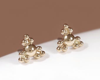 14k Solid Gold Triangle Beaded Stud Earring Handmade Helix Conch Tragus Earrings Dainty Petite Helix Piercing Flat Back Earring Gift For Her