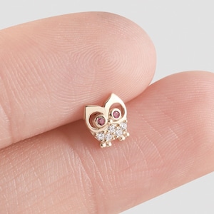 14k Solid Gold Owl Stud Earrings Gold Helix Stud Conch Stud Tragus Earring Cute Dainty Cartilage Earring Animal Stud Flat Back Earring
