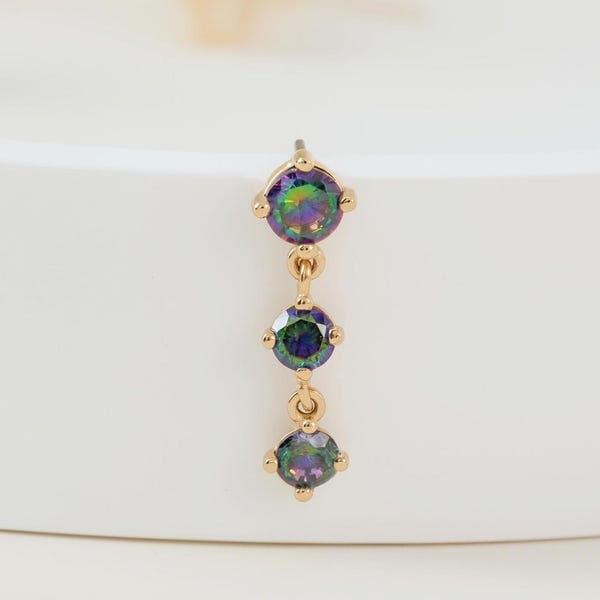 14K Solid Gold Round Mystic Topaz Helix Stud Earring Dangle Triple Stone Cartilage Flat Back Minimalist Upper Earlobe Piercing Jewelry