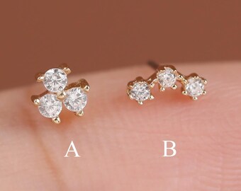 14k Solid Gold Three Stone Cartilage Piercing Dainty Stud Earring Helix Tragus Conch Stud Push in Labret Flat Back Earring