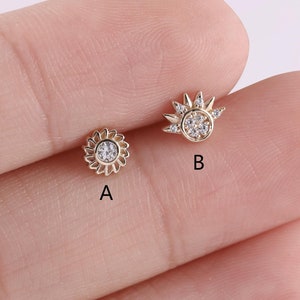 Pendiente de oro macizo de 14 k con forma de sol para cartílago, piercing para labio, hélice y trago, con forma de caracola y parte trasera plana.