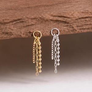 14K Solid Gold Dangle Bead Chain Hoop Charm Drop Chain Clicker Charm Minimalist Triple Chain White Gold Helix Earlobe Piercing Jewelry