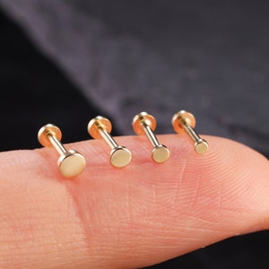 Alfiler de presión sin rosca con forma de disco de oro macizo de 14 k, pequeños tachuelas circulares, tachuelas para hélice, piercing para cartílago, tachuelas redondas de oro, pendiente con parte posterior plana, tachuelas pequeñas
