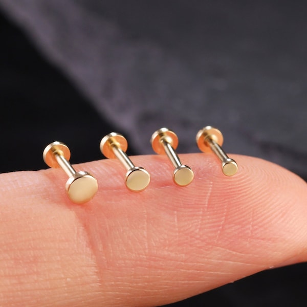 14k Solid Gold Disc Threadless Push Pin, Tiny Circle Studs, Helix Stud, Cartilage Piercing, Gold round studs, Flat Back Earring, Small Studs