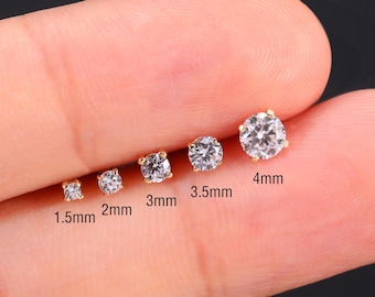 Pendiente de oro macizo de 14 k con solitario de diamante/moissanita/circonita, roscado, para cartílago, trago, hélix, caracola, nariz, piercing Labert, tornillo, parte trasera plana.