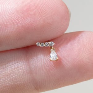 14k Solid Gold Dangle Teardrop Stud Vertical Bar Cartilage Earring Dainty Helix Tragus Conch Piercing Flat Back Threadless Piercing Jewelry