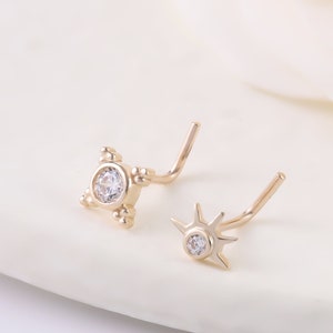 14k Solid Gold Sun Nose Stud, L shaped Nose Stud, Beaded Ball Nose Stud, Nose Ring, Nose Piercing, Nose Jewelry 20g