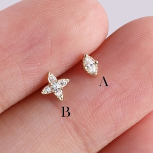 14k Solid Gold Tiny Flower Stud Earring, Marquise Helix Stud, Conch Earring, Gold Labret Stud, Minimalist Earring, Flat Back Earring