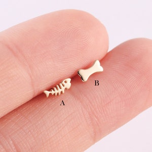 14k Solid Fishbone & Bone Stud Earring Cute Helix Stud Conch Earring Tragus Jewelry Threadless Push In Labret Stud Flat Back Earring