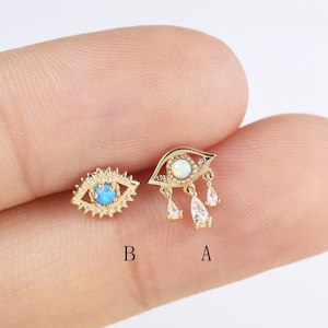 14k Solid Gold Opal Evil Eye Stud Gold Dangle Earring Cartilage Earring Tragus Stud Helix Conch Piercing Labert Stud Flat Back Earring