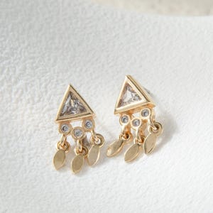 14K Solid Gold Triangle Dangle Stud Earring Cartilage Helix Stud Tragus Conch Earring Flat Back Threadless Geometric Drop Piercing Jewelry