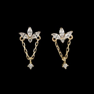 14k Solid Gold Marquise Cartilage Chain Stud Earring Dangle Earring Helix Chain Stud Conch Tragus Climber Stud Flat Back Earring 20g