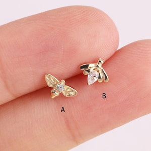 14K Solid Gold Dainty Bee Stud Earring Bee Cartilage Piercing Conch Helix Small Insects Tragus Earring  Stud Earring Flat Back Earring