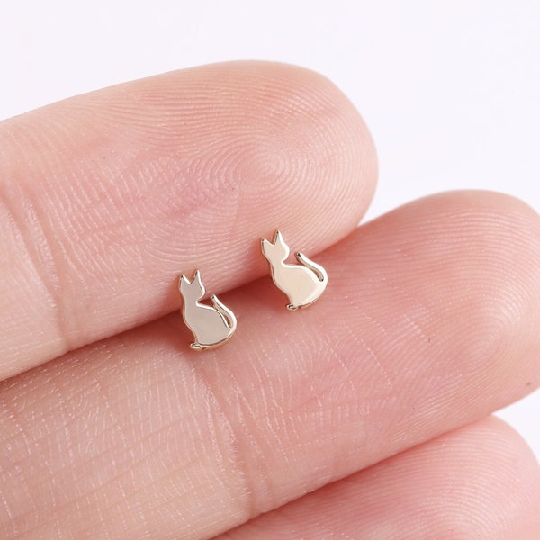 14k Solid Gold Cat Stud Earrings Dainty Gold Helix Stud Conch Stud Tragus Earring Gold Cat Cartilage Earring Animal Stud Flat Back Earring