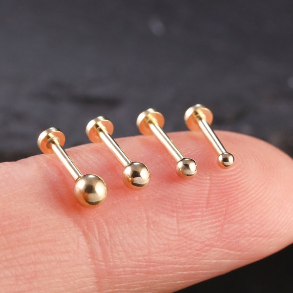 Stud de labret sin rosca de oro macizo de 14 k, pernos de bola pequeños, perno de nariz, perno de tragus, perforación de hélice delantera, pernos de bola pequeños, pendiente de espalda plana