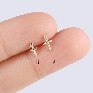 14K Solid Gold Sword Screw Back Earring Multiple Size Stud Tragus Piercing Helix Stud Cartilage Earring Flat Back Stud 18g