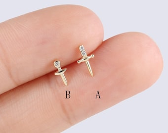 14Kソリッドゴールドソードスクリューバックイヤリング マルチサイズスタッド トラガスピアス ヘリックススタッド 軟骨イヤリング フラットバックスタッド 18g