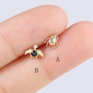 14k Solid Gold Beetle Stud Gold Black Bat Earring Animal Cartilage Earring Tragus Stud Helix Conch Piercing Labert Stud Flat Back Earring