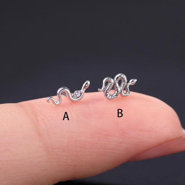 14k Solid White Gold Schlange Form Bolzen Vivid Schlange Tragus Ohrring Schlange Helix Conch Bolzen winzige Schlange Bolzen flache Rückseite Ohrstecker Jewerly