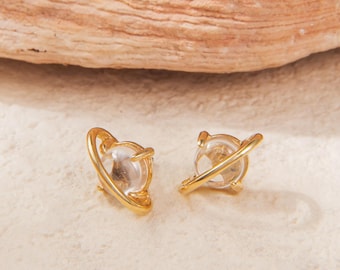 Pendiente de botón con diseño de planeta en oro macizo de 14 quilates, con gema pulida, para cartílago, hélice, lóbulo y trago, minimalista, con pasador de presión y parte trasera plana, joyería celestial.