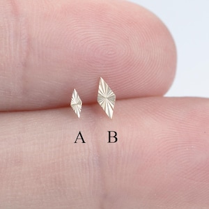 Puede incluir: Dos pendientes pequeños, dorados, en forma de diamante. Los pendientes se sostienen entre dos dedos. Los pendientes tienen un diseño texturizado de estrella. Los pendientes están etiquetados A y B.