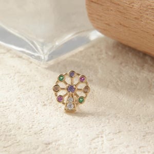 14K Solid Gold Ferris Wheel Earring Multicolor Cartilage Stud Mini Rainbow CZ Helix Tragus Conch Nose Piercing Threadless Flat Back Jewelry