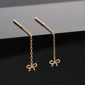 14K Solid Gold Bowknot Long Chain Threader Dangle Bow Helix Cartilage Pull Though Earring Delicate Bowknot Earlobe Ear Wrap Piercing