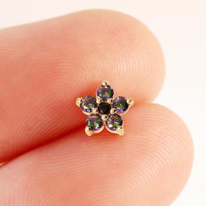 14k Solid Gold Floral Gleaming Rainbow Quartz Stone Earring Gold Flower Cartilage Piercing Helix Tragus Conch Earring Flat Back Earring