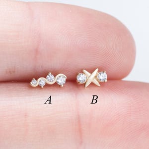 14K Solid Gold Mismatched Diamond Ear Climber Dainty Wavy & X-Shaped Stud Cartilage Helix Tragus Piercing Flat Back Push Pin Earring