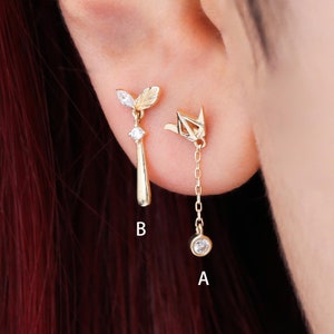 14K Solid Gold Dangle Leaf Cartilage Earring, Dove Drop Helix Stud, Threadless Earring, Conch Drop Piercing, Dangle Chain Flat Back Earring