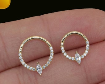 14k Solid Gold Marquise Septum Ring Diamond Septum Piercing Daith Piercing Ear Clicker Minimalist Cartilage Tragus Hoop Gift For Her 16g